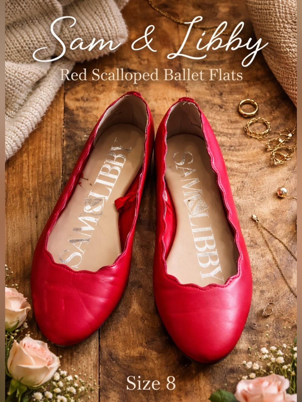 Sam & Libby Red Scalloped Ballet Flats Size 8 Classic Chic Brunch CottageCore